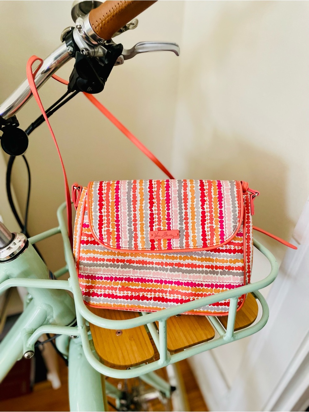 Vera Bradley PEACH CONFETTI STRIPE Flap Crossbody Vinyl Shoulder Bag Zip Pocket